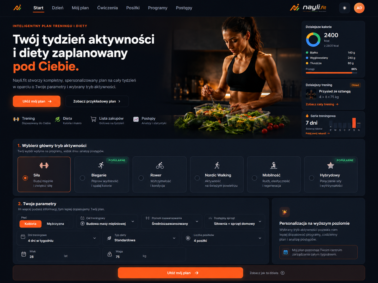 Ekran startowy aplikacji Nayli.fit